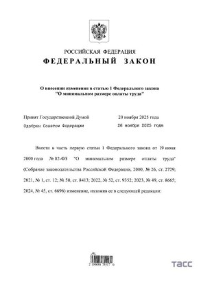 Владимир Путин утвердил МРОТ на 2026 год в размере 27 093 рублей