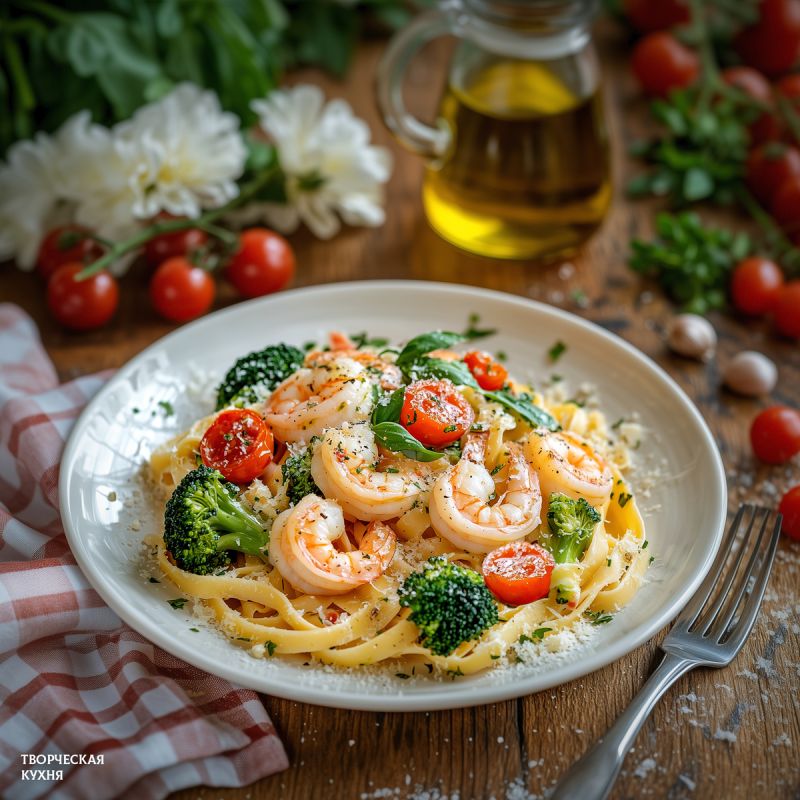 Паста с креветками и овощами в чесночно-сливочном соусе